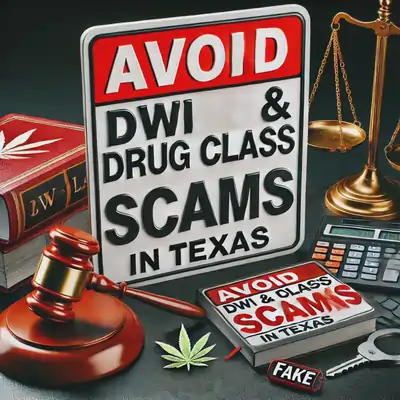 A cautionary image warning about DWI and drug class scams in Texas